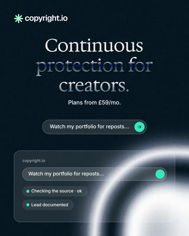 Instagram portrait post for copyright.io: "Continuous protection for creators." Agentic glass style, centred layout, dark palette in blue, black, grey.
