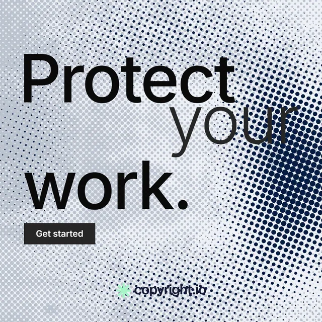 Instagram post for copyright.io: "Protect your work." Swiss style, stacked layout, light palette in white, grey, blue.