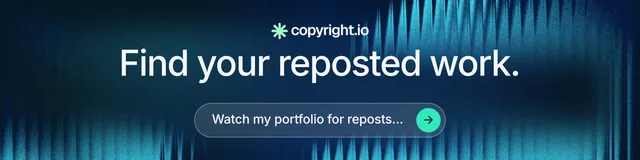LinkedIn banner for copyright.io: "Find your reposted work." Agentic glass style, skeleton layout, dark palette in blue, black.