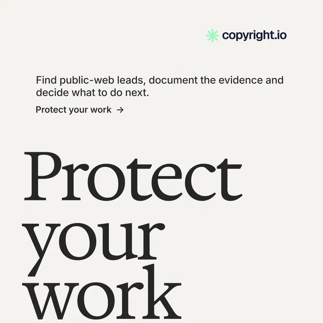 Instagram post for copyright.io: "See the plan first." Minimal luxury style, oversized layout, light palette in white, grey.