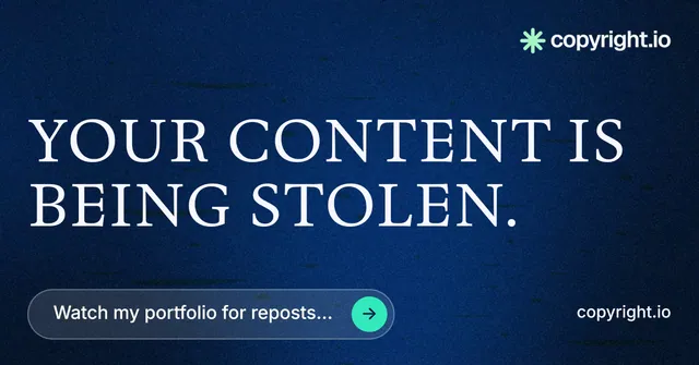 Social ad for copyright.io: "Your content is being stolen." Agentic glass style, poster layout, dark palette in blue, black.