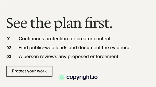 Landscape graphic for copyright.io: "See the plan first." Editorial style, numbered layout, light palette in white, grey.