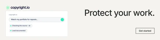 LinkedIn banner for copyright.io: "Protect your work." Editorial style, right layout, light palette in white, grey.