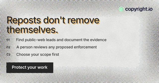 Social ad for copyright.io: "Reposts don't remove themselves." Retro print style, numbered layout, light palette in grey, white.