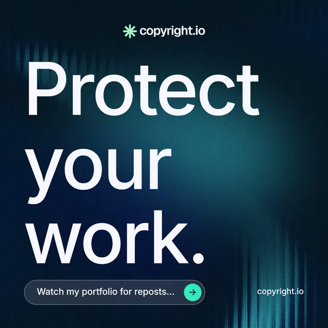 Instagram post for copyright.io: "Protect your work." Agentic glass style, poster layout, dark palette in blue, black, grey.