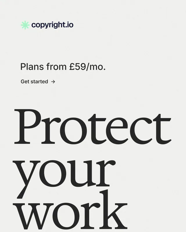 Instagram portrait post for copyright.io: "Continuous protection for creators." Minimal luxury style, oversized layout, light palette in white, grey.