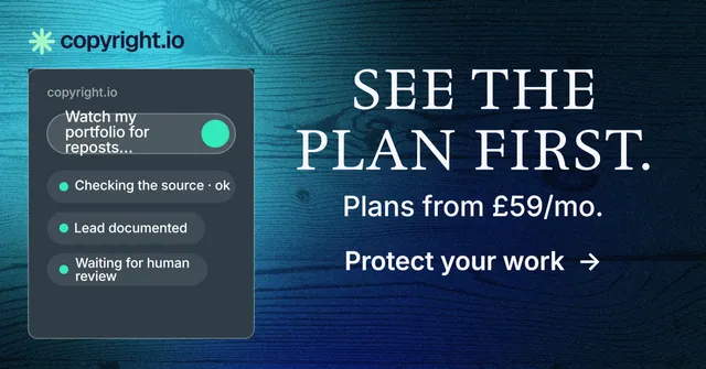 Social ad for copyright.io: "See the plan first." Minimal luxury style, skeleton layout, dark palette in blue, teal, black.