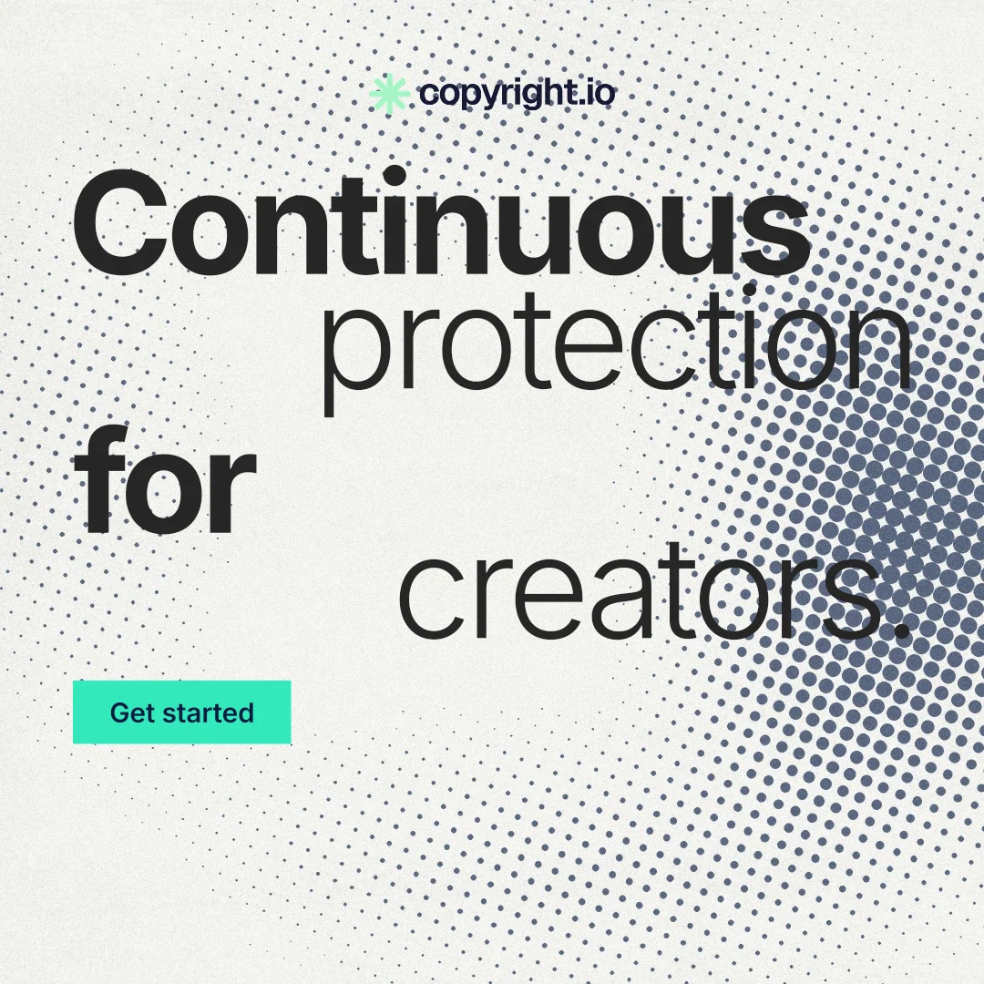 Instagram post for copyright.io: "Continuous protection for creators." Swiss style, stacked layout, light palette in white, grey.