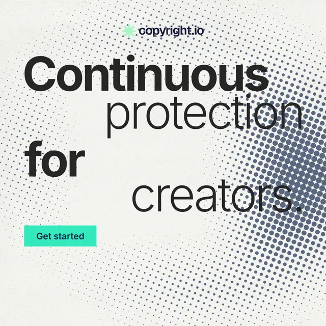 Instagram post for copyright.io: "Continuous protection for creators." Swiss style, stacked layout, light palette in white, grey.