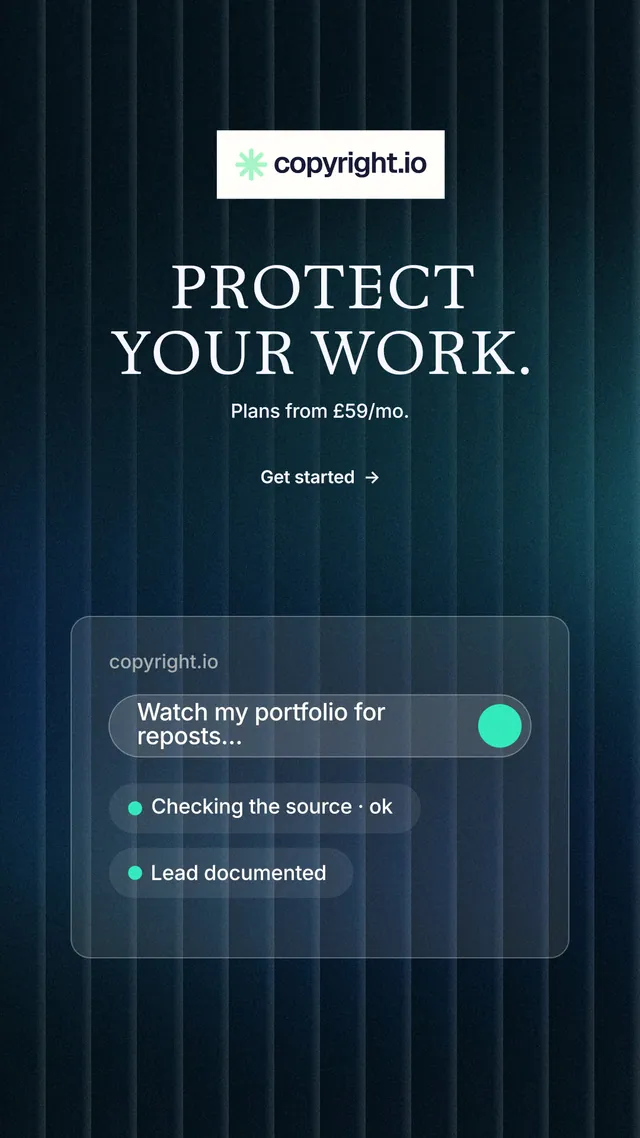 Instagram story for copyright.io: "Protect your work." Minimal luxury style, centred layout, dark palette in black, blue, grey.