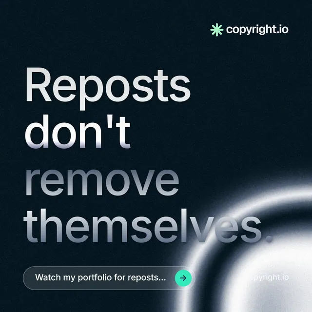 Instagram post for copyright.io: "Reposts don't remove themselves." Agentic glass style, poster layout, dark palette in black, grey.