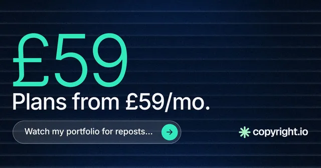 Social ad for copyright.io: "Protect your work." Agentic glass style, stat layout, dark palette in black, blue, teal.