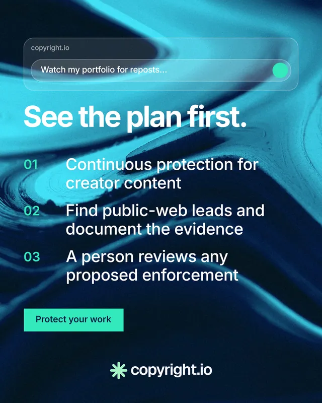 Instagram portrait post for copyright.io: "See the plan first." Swiss style, numbered layout, dark palette in teal, blue, black.