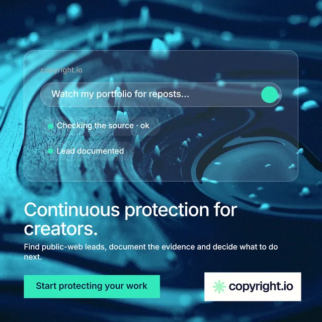 Instagram post for copyright.io: "Continuous protection for creators." Swiss style, bottom layout, dark palette in blue, teal.