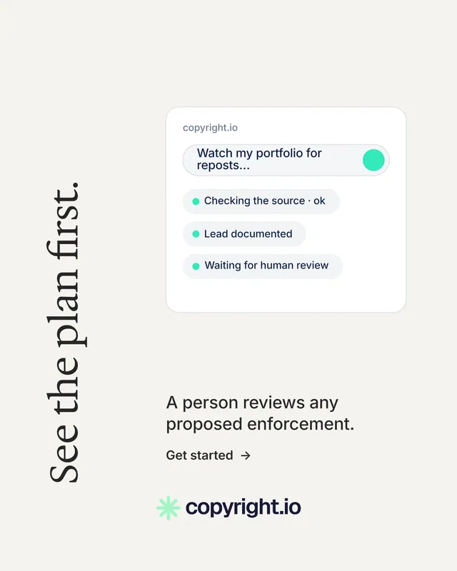 Instagram portrait post for copyright.io: "See the plan first." Minimal luxury style, vertical layout, light palette in white.