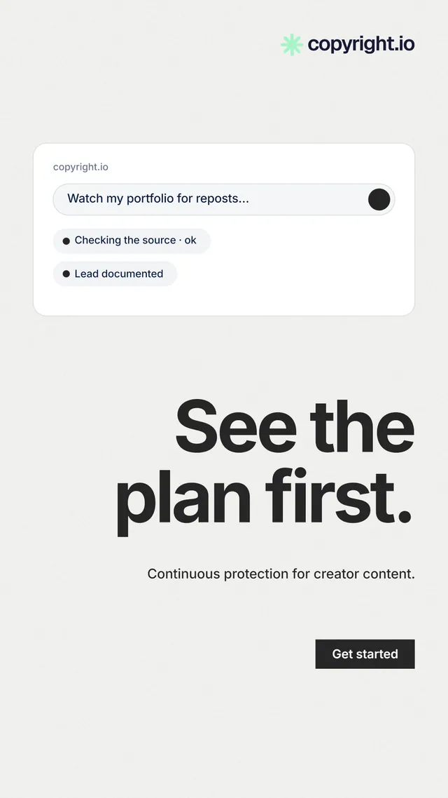 Instagram story for copyright.io: "See the plan first." Swiss style, right layout, light palette in white, grey.