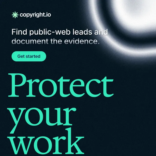 Instagram post for copyright.io: "Protect your work." Y2K style, oversized layout, dark palette in black, teal.