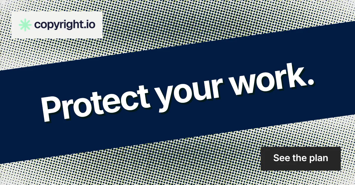 Social ad for copyright.io: "Protect your work." Swiss style, diagonal layout, dark palette in blue, grey.