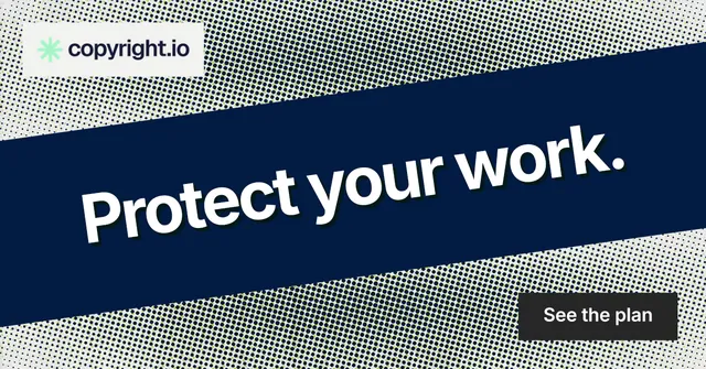 Social ad for copyright.io: "Protect your work." Swiss style, diagonal layout, dark palette in blue, grey.