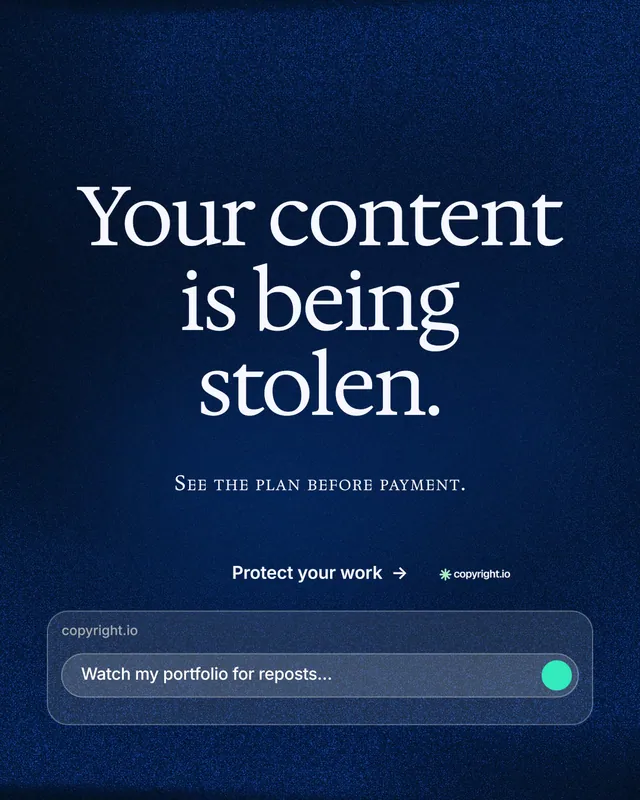 Instagram portrait post for copyright.io: "Your content is being stolen." Agentic glass style, smallcaps layout, dark palette in blue, black.