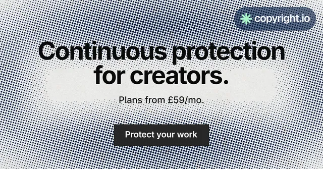 Social ad for copyright.io: "Continuous protection for creators." Swiss style, centred layout, light palette in grey, white.