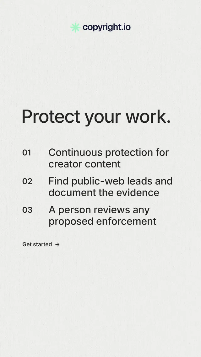 Instagram story for copyright.io: "Protect your work." Minimal luxury style, numbered layout, light palette in white.