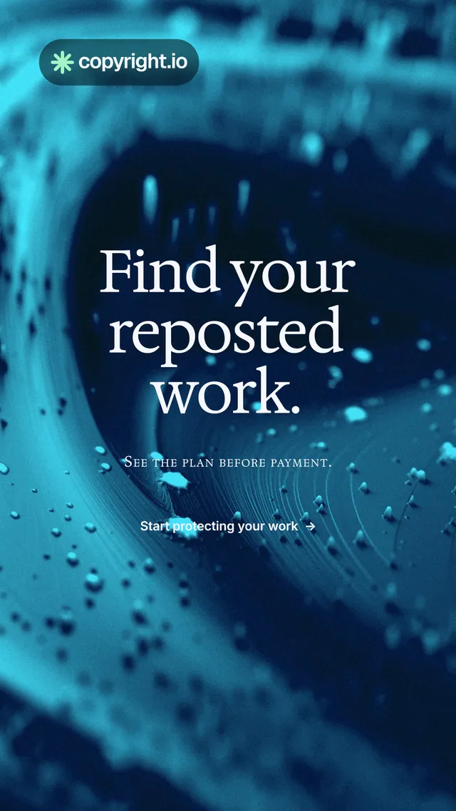 Instagram story for copyright.io: "Find your reposted work." Minimal luxury style, smallcaps layout, dark palette in black, blue, teal.