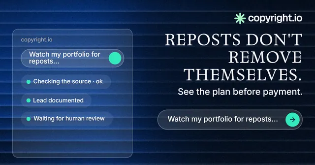 Social ad for copyright.io: "Reposts don't remove themselves." Agentic glass style, right layout, dark palette in blue, black.