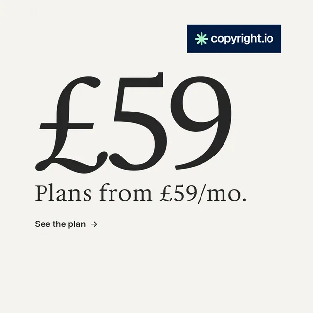 Instagram post for copyright.io: "See the plan first." Minimal luxury style, stat layout, light palette in white, grey.