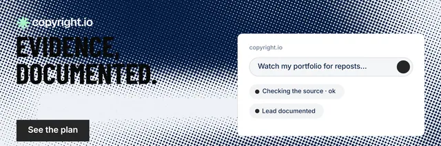 X header for copyright.io: "Evidence, documented." Retro print style, bottom layout, light palette in blue, white, grey.