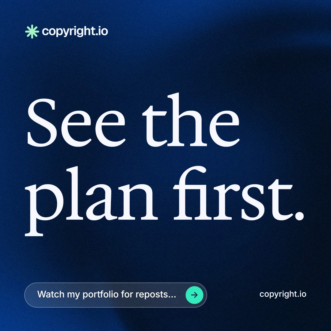 Instagram post for copyright.io: "See the plan first." Agentic glass style, poster layout, dark palette in blue, black.