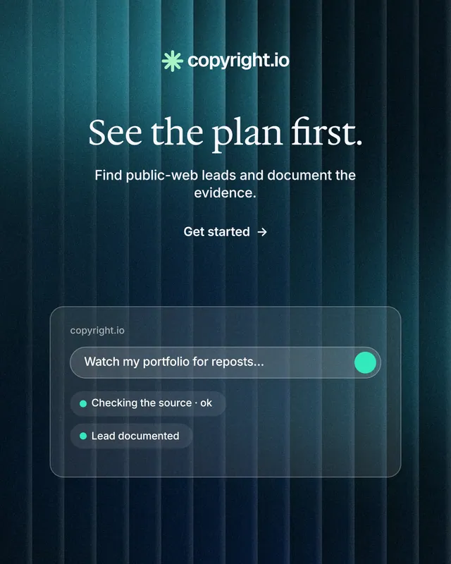 Instagram portrait post for copyright.io: "See the plan first." Minimal luxury style, centred layout, dark palette in blue, black, teal.