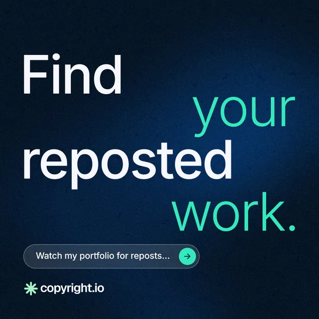 Instagram post for copyright.io: "Find your reposted work." Agentic glass style, stacked layout, dark palette in black, blue, teal.