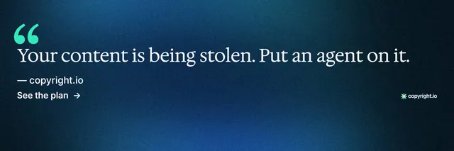 X header for copyright.io: "Find your reposted work." Minimal luxury style, quote layout, dark palette in blue, black.
