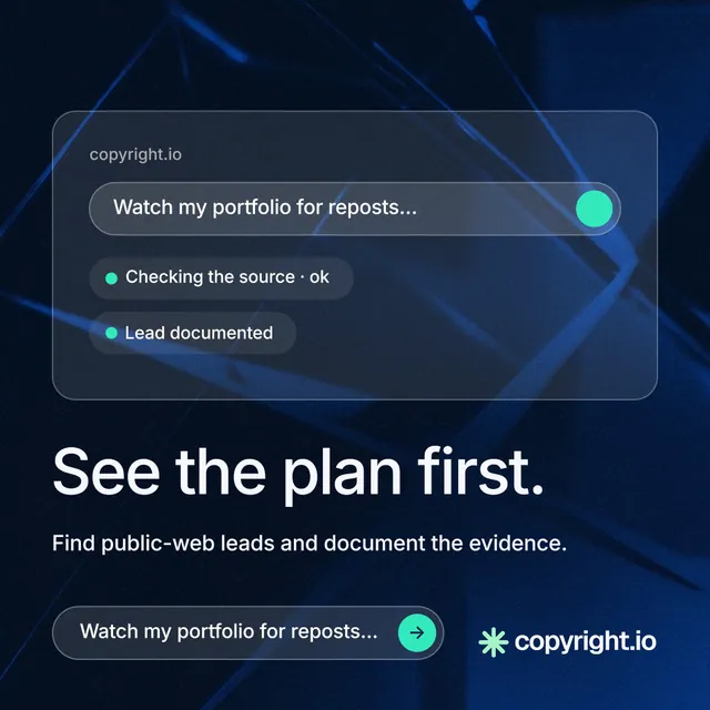 Instagram post for copyright.io: "See the plan first." Agentic glass style, bottom layout, dark palette in black, blue, grey.