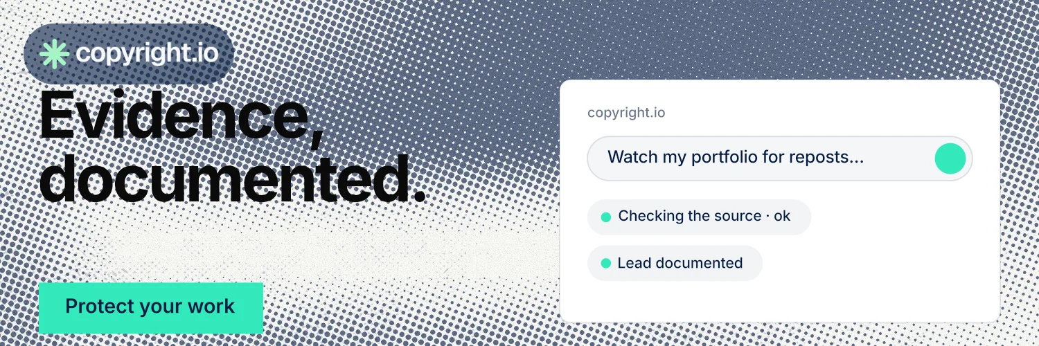 X header for copyright.io: "Evidence, documented." Swiss style, bottom layout, light palette in grey, white, teal.