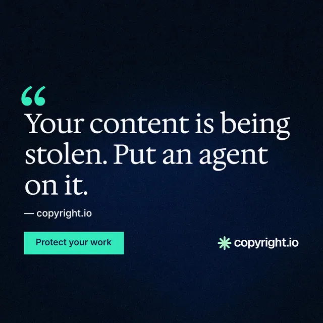 Instagram post for copyright.io: "Continuous protection for creators." Swiss style, quote layout, dark palette in black, blue.