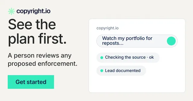 Social ad for copyright.io: "See the plan first." Swiss style, skeleton layout, light palette in white, teal.
