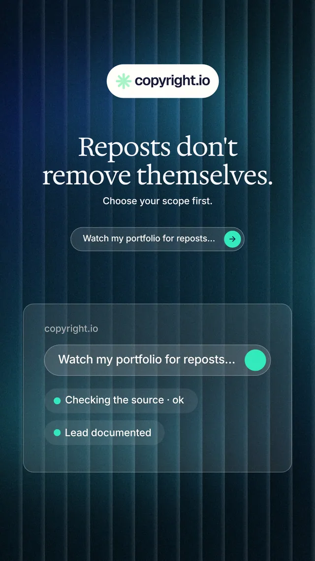 Instagram story for copyright.io: "Reposts don't remove themselves." Agentic glass style, centred layout, dark palette in blue, black, grey.