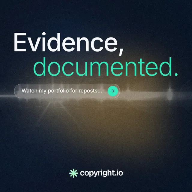 Instagram post for copyright.io: "Evidence, documented." Agentic glass style, stacked layout, dark palette in black, grey.