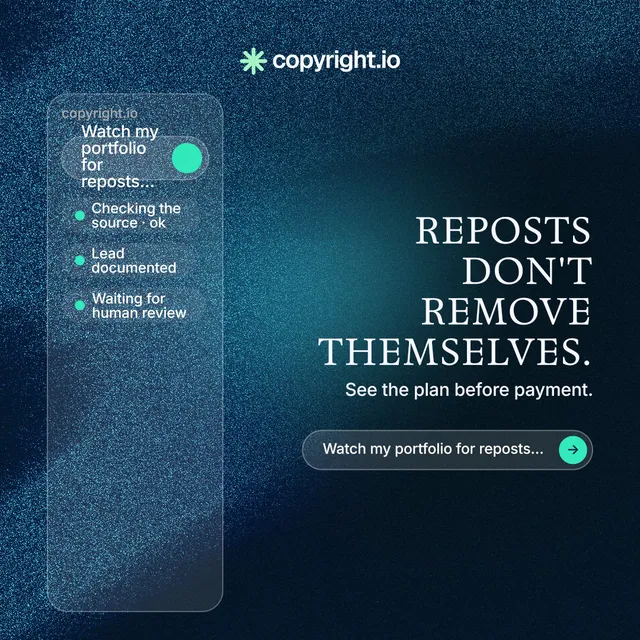 Instagram post for copyright.io: "Reposts don't remove themselves." Agentic glass style, right layout, dark palette in black, blue.