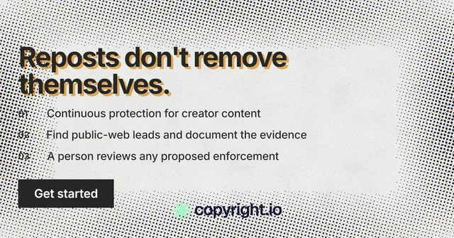 Social ad for copyright.io: "Reposts don't remove themselves." Swiss style, numbered layout, light palette in grey, white.