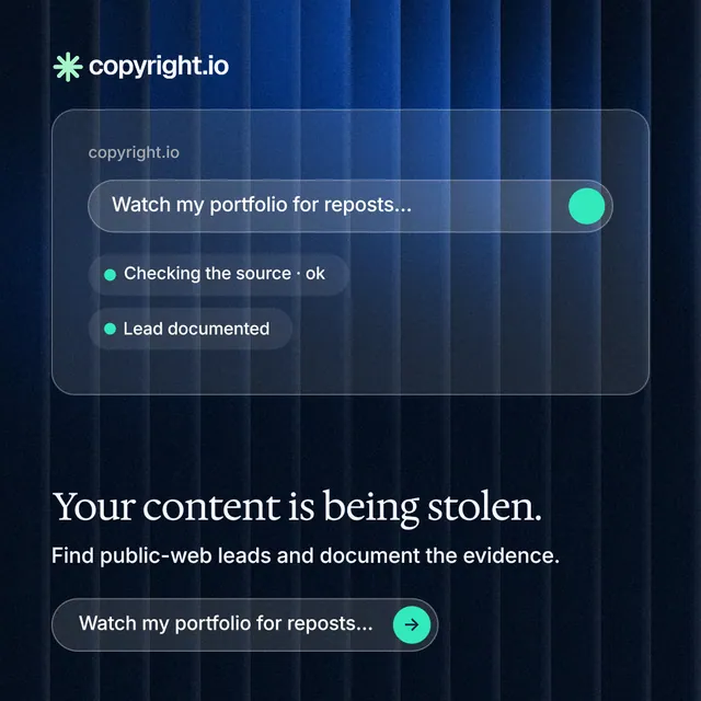 Instagram post for copyright.io: "Your content is being stolen." Agentic glass style, bottom layout, dark palette in blue, black.