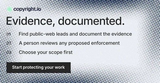 Social ad for copyright.io: "Evidence, documented." Split block style, numbered layout, light palette in grey, white.