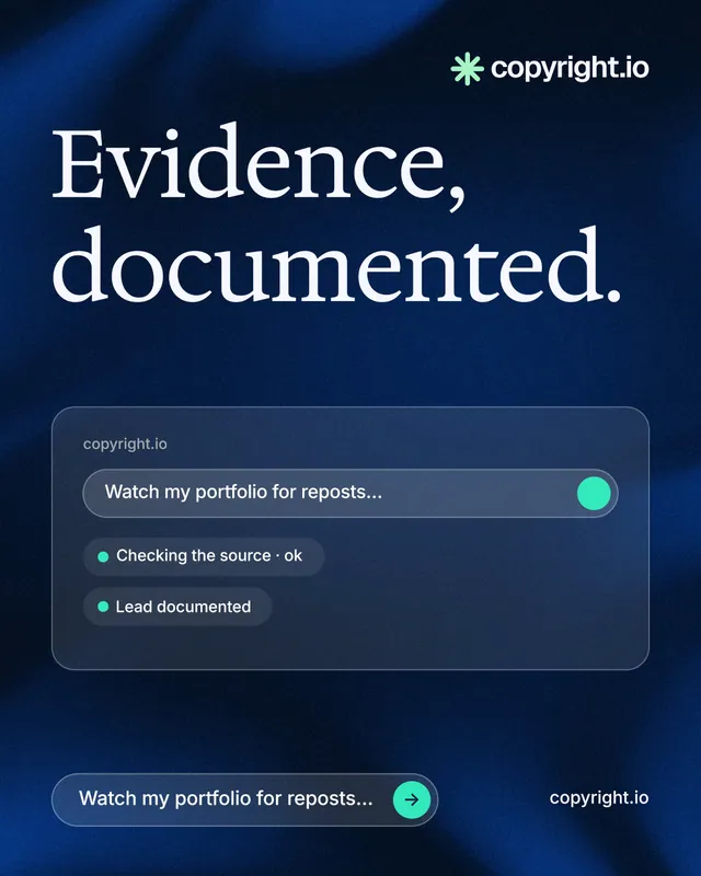 Instagram portrait post for copyright.io: "Evidence, documented." Agentic glass style, poster layout, dark palette in blue, black.
