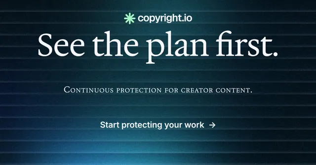 Social ad for copyright.io: "See the plan first." Agentic glass style, smallcaps layout, dark palette in black, blue.