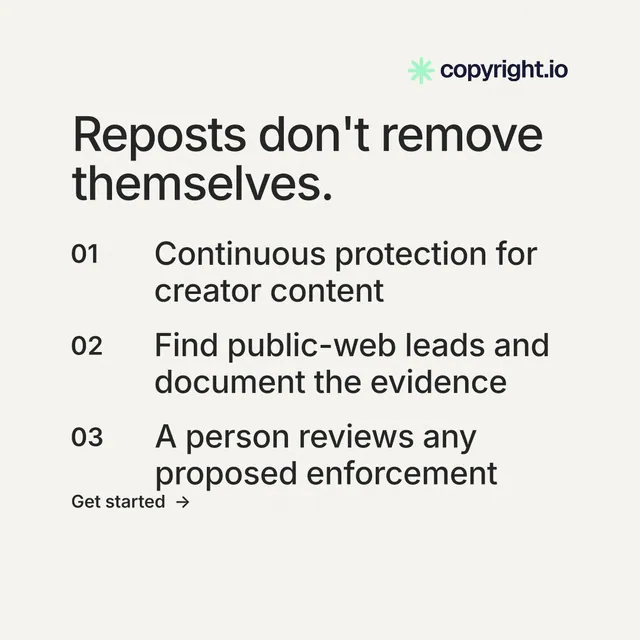 Instagram post for copyright.io: "Reposts don't remove themselves." Minimal luxury style, numbered layout, light palette in white, grey.
