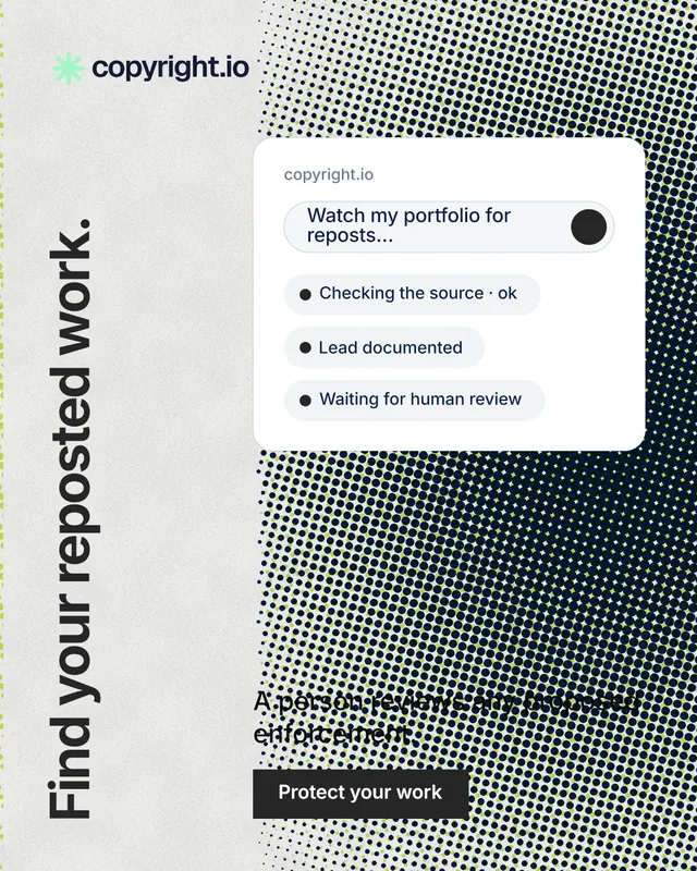 Instagram portrait post for copyright.io: "Find your reposted work." Swiss style, vertical layout, light palette in white, grey.