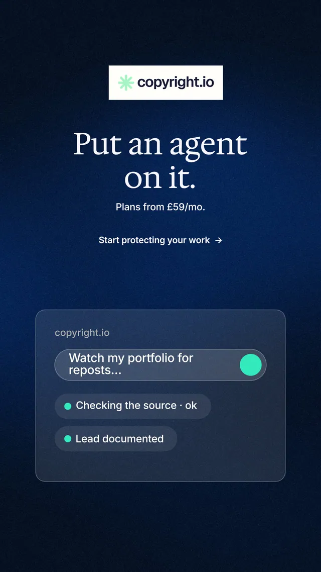 Instagram story for copyright.io: "Put an agent on it." Minimal luxury style, centred layout, dark palette in black, blue.