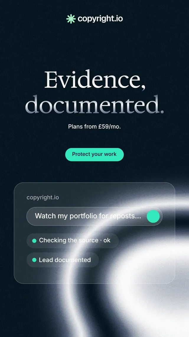 Instagram story for copyright.io: "Evidence, documented." Y2K style, centred layout, dark palette in black, blue, grey.